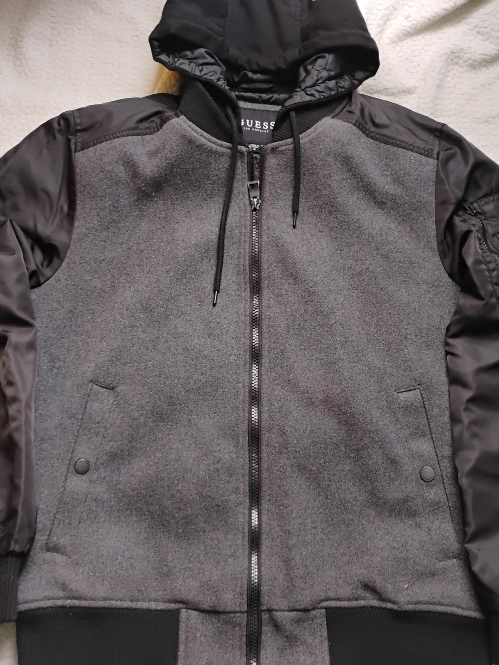 Guess Men's Gray and Black Hooded Bomber Jacket 2-1